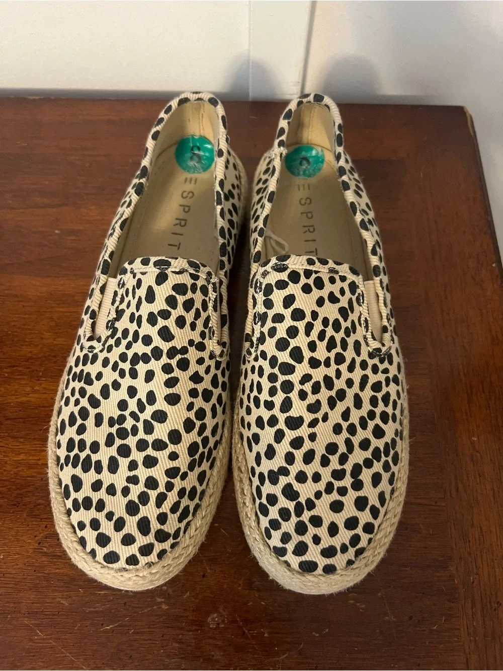 ESPRIT Espadrille Slip-On Sneakers in Black and Natural Leopard Spot SIZE 8